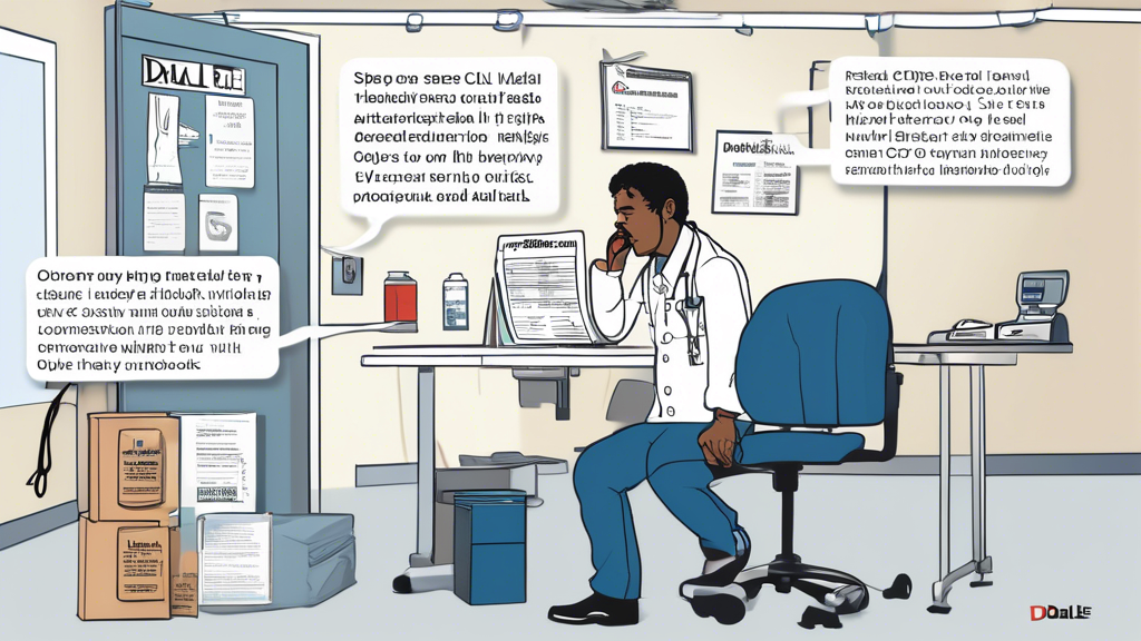 Prompt for DALL-E:An illustration of a commercial driver preparing for their CDL DOT Medical Exam at the DMV. The scene includes a checklist of items to bring (like medical history forms and identification), a step-by-step guide displayed on a wall, and a DMV clinic setting where a doctor performs various health checks. Highlight tips and common pitfalls, like staying hydrated and getting enough sleep, through informative posters on the walls.