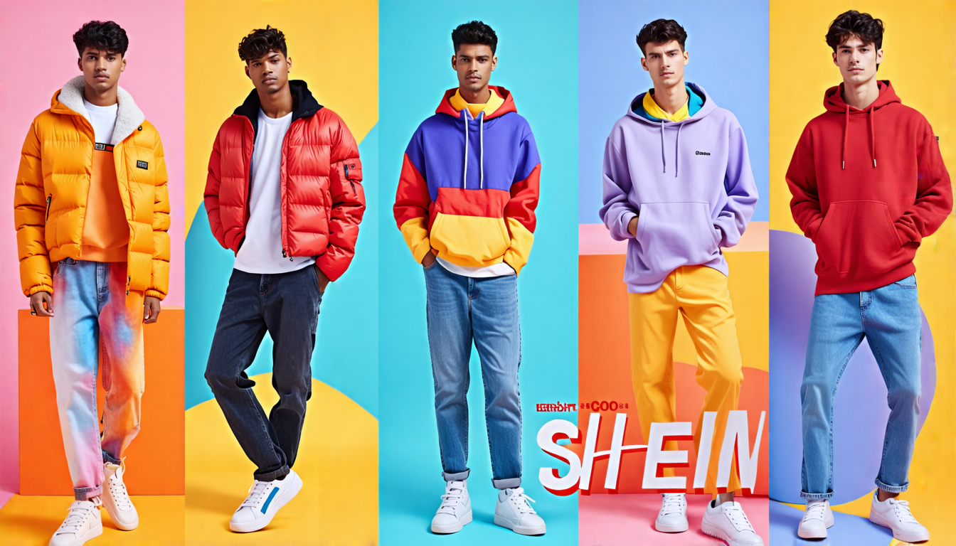 Create a vibrant and dynamic image showcasing the diverse and trendy clothing options available at Shein Men. Highlight various categories such as casual wear, formal attire, street style, and activewear. Incorporate elements of current fashion trends, such as bold prints, pastel colors, oversized fits, and minimalist designs. Display special collections and collaborations prominently, illustrating the modern and fashionable appeal of Shein Men. Show models of different ethnicities and body types wearing Shein Men’s clothes, posing confidently in urban, stylish settings. The overall vibe should be youthful, fashion-forward, and inclusive.
