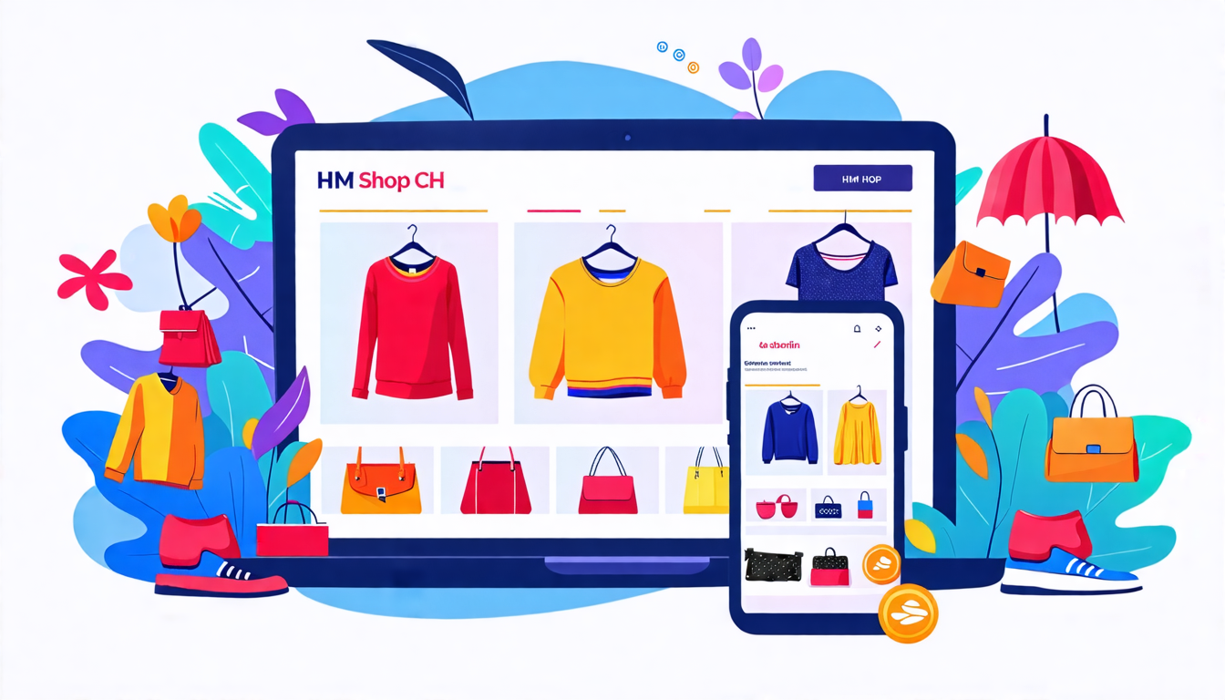 Prompt: Create an image showcasing a seamless online shopping experience at the HM Shop CH. Depict a modern, user-friendly website interface on a laptop and smartphone. Include elements like diverse payment options, fast shipping, and easy return processes. Show a satisfied shopper browsing through various fashionable clothing items, accessories, and shoes, emphasizing convenience and security in online purchases.