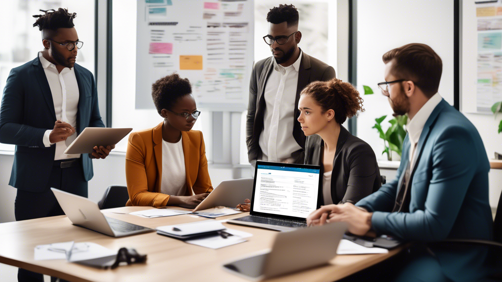 Create an image of a diverse group of individuals gathered around a laptop, intensely reviewing profiles on a legal review platform. The scene is set in a modern, bright office with everyone looking focused and engaged. On the laptop screen, there are multiple tabs open displaying lawyers