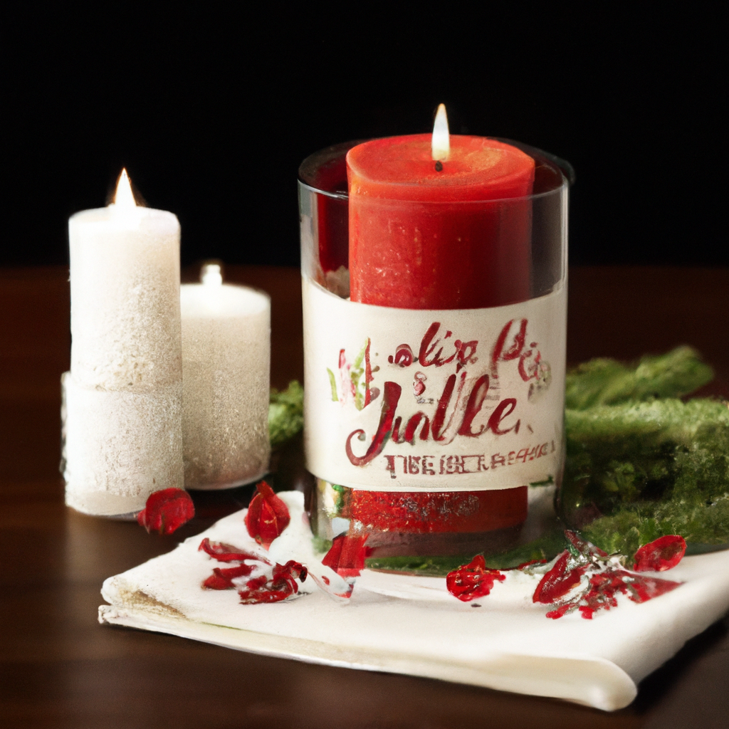 Create an image of a festively decorated Nest Christmas Candle for the cozy holiday season. The candle should feature intricate holiday-themed designs such as snowflakes, holly, and festive ribbons. Incorporate personalized touches like a handwritten label reading Merry Christmas and a small charm or decorative embellishment hanging from the candle jar. The setting should include warm, cozy elements like a soft blanket, twinkling fairy lights, and perhaps a steaming cup of hot cocoa with marshmallows, all contributing to a serene, holiday ambiance.