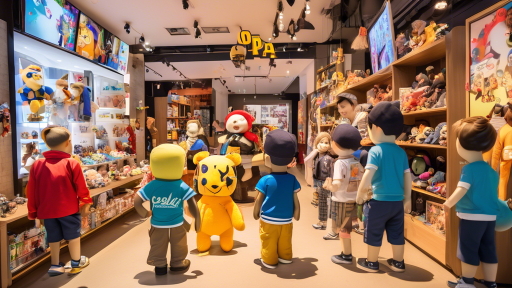 Vibrant scene featuring a diverse range of Cal Oppa merchandise including plush toys, apparel, and accessories arrayed in a lively storefront. In the background, a TV screen displays an animated Cal Oppa episode, while nearby, fans of all ages enthusiastically browse and interact with digital kiosks showcasing future Cal Oppa media projects. The atmosphere should be bustling and energetic, reflecting the extensive reach and future prospects of Cal Oppa in the modern market.