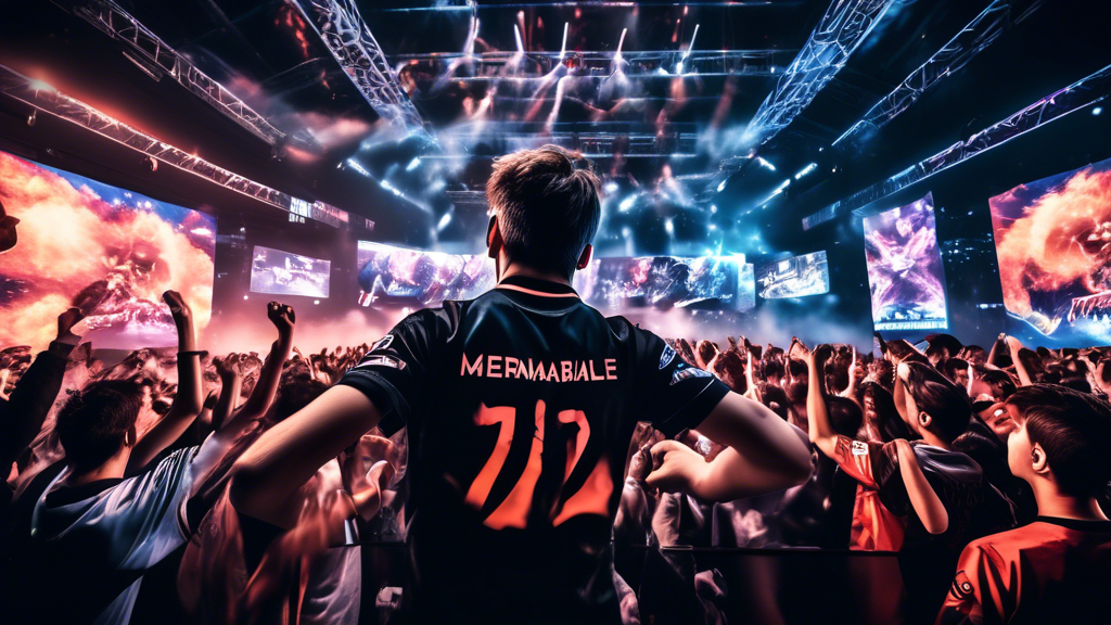A dramatic scene depicting the pivotal moments in esports tournaments of 2022: A gamer passionately celebrating a comeback victory in an intense match, a team in shock from an unexpected upset, and a player breaking a performance record. The background features a roaring crowd, large digital screens showcasing the action, and vibrant lights highlighting the grandeur of the event. Keywords: Memorable Moments in Esports Tournaments 2022.