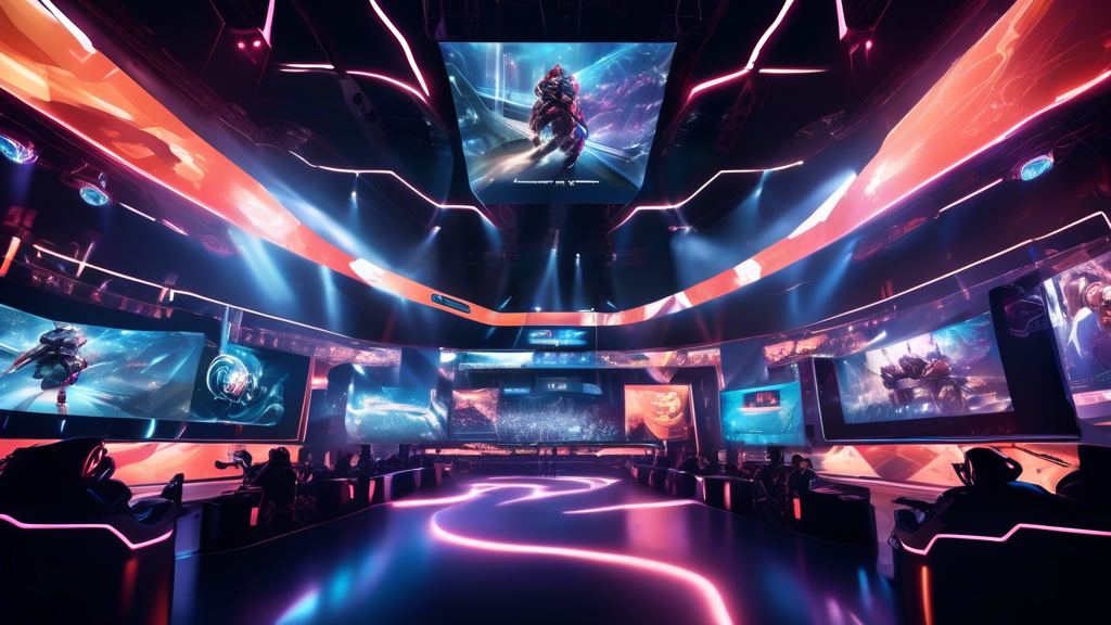 Create an image showcasing an esports tournament in 2022 with a futuristic, high-tech arena. Display examples of new trends and innovations such as holographic displays, augmented reality interfaces, and advanced live-streaming setups. Include a diverse audience engaging with the event through VR headsets and other interactive technologies. Highlight the dynamic interaction between players and fans, focusing on the cutting-edge elements that have revolutionized the esports experience. Keyword: Innovations in Esports Tournaments 2022.