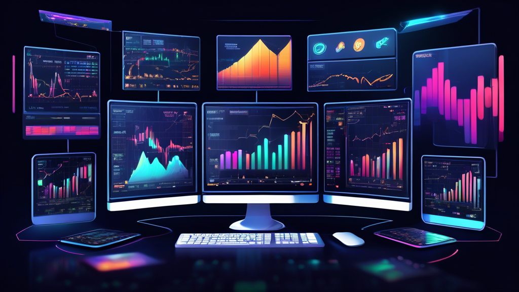 Create an image depicting a dynamic trading environment featuring multiple computer screens displaying charts and graphs. Include visuals of different trading strategies such as scalping, day trading, and swing trading. Highlight key technical indicators and analytical tools. Include icons or symbols representing risk management and profit optimization related to Bybit futures trading. Make sure the image conveys a sense of high-tech and modern financial trading.