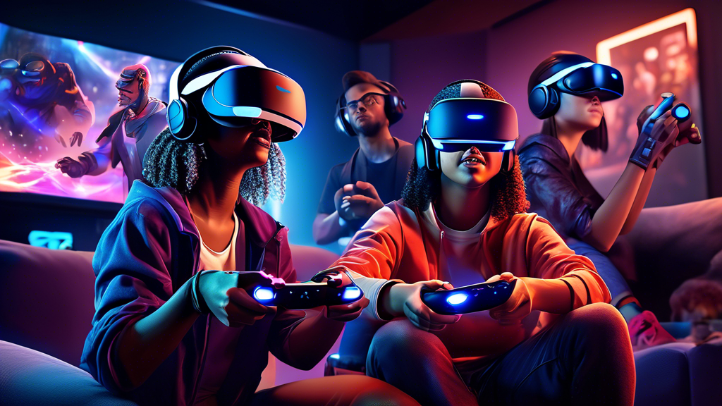 Create a digital illustration that showcases a diverse group of gamers enjoying various PSVR 2 games on PS5 in a vibrant, high-tech living room. Include a mix of action, adventure, horror, and sports games being played, with each genre visually represented through distinct game environments and characters. Highlight the immersive experiences through dynamic poses, expressive reactions, and a futuristic ambiance, reflecting the advanced capabilities of the PSVR 2 on PS5. Add customer reviews and ratings floating like holograms around the players.