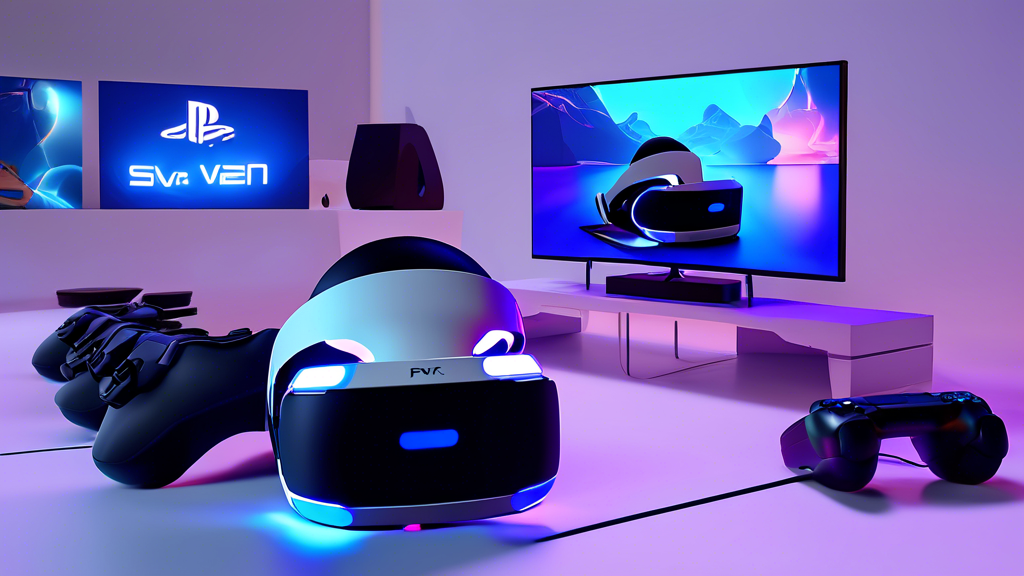 Create an image illustrating a comprehensive setup guide for PSVR 2 on the PlayStation 5. The scene should depict a modern gaming room with a gamer setting up PSVR 2 equipment on a PS5 console. The image should also highlight key steps, such as connecting cables, adjusting settings on the TV screen, and positioning the VR headset and controllers. Include clear and concise text labels for each step to enhance clarity. Ensure the visual style is user-friendly and appealing to gamers.