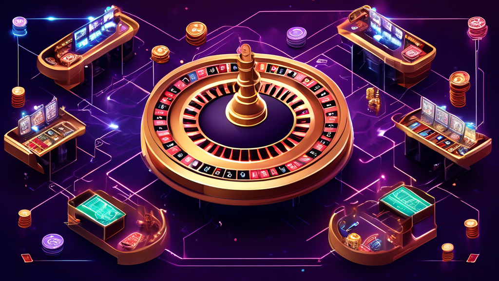 Create an image showcasing the inner workings of a crypto game casino. Include elements like blockchain technology, represented by interconnected blocks and chains, and popular cryptocurrencies such as Bitcoin and Ethereum. Depict various casino games like poker, slots, and roulette, but incorporate digital and futuristic aesthetics to contrast traditional casinos. Emphasize a secure and transparent environment highlighting technology and mechanics that power these platforms.