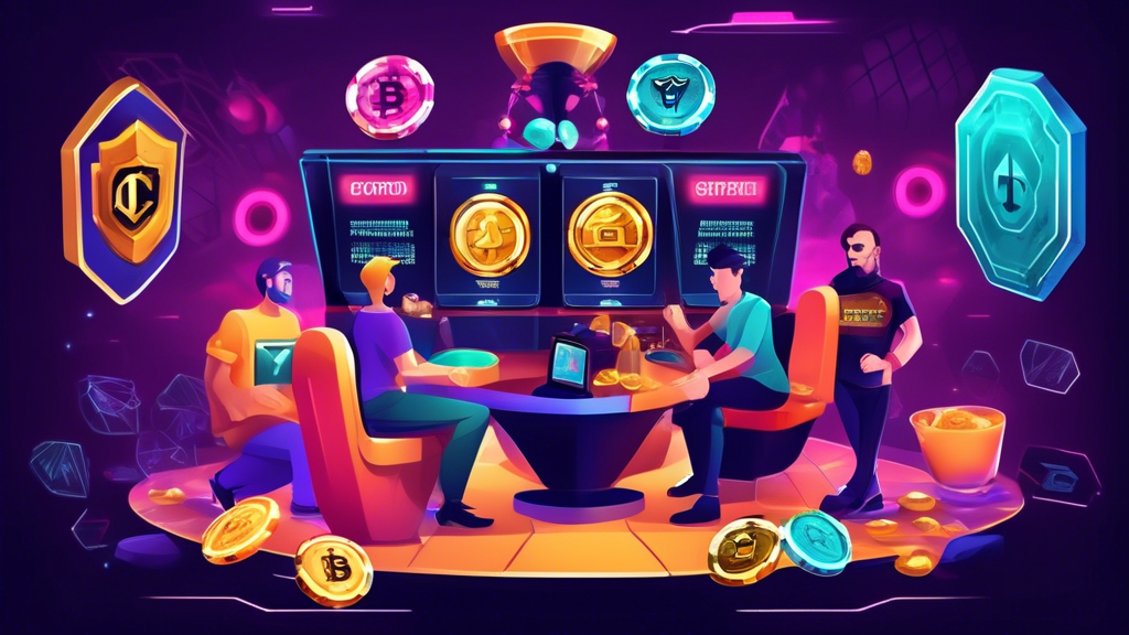 Create an image that visually captures the benefits and challenges of crypto game casinos for players. On one side of the image, show players enjoying enhanced privacy, lower transaction fees, and access to a global platform of games. On the other side, illustrate the potential risks, such as regulatory hurdles, market volatility, and cybersecurity threats. Use visual elements like shields to represent security, scales for balance between benefits and challenges, and currencies like Bitcoin and Ethereum to highlight the context of crypto game casinos.