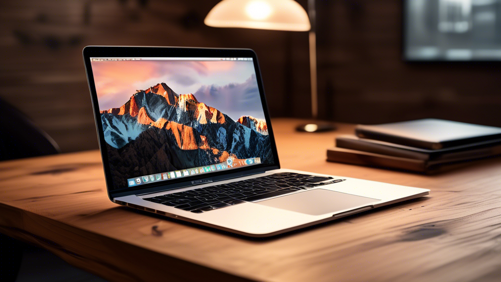 Create an image depicting a sleek, modern MacBook laptop on a stylish wooden desk. The MacBook should display a user-friendly VPN interface with clear, intuitive elements, indicating strong encryption, and a no-log policy. In the background, show icons or subtle graphics representing high-speed servers and global network coverage. Make sure the image conveys security, speed, and compatibility with macOS.