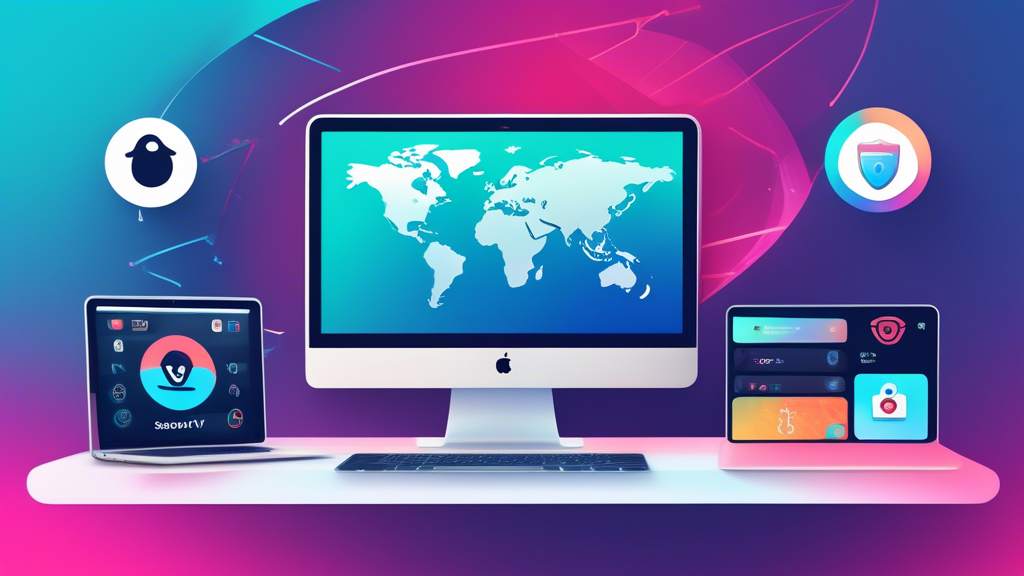 Create an image illustrating a modern MacBook with three top VPN logos (ExpressVPN, NordVPN, Surfshark) prominently displayed on the screen. Surround the laptop with vibrant icons representing security shields, speedometers, and connectivity symbols. The background should feature a sleek, digital-themed design to emphasize technology and online security. Include a subtle comparison chart overlay in the corner showcasing pricing, features, and performance of the VPNs. 

**DALL-E prompt:** A modern MacBook displaying logos of the top VPNs for 2023 (ExpressVPN, NordVPN, Surfshark) on its screen. Surrounding the laptop are vibrant icons representing security shields, speedometers, and connectivity symbols. The background features a sleek, digital-themed design. Include a subtle comparison chart overlay in the corner, showcasing pricing, features, and performance of the VPNs. Keywords: best vpn for mac.