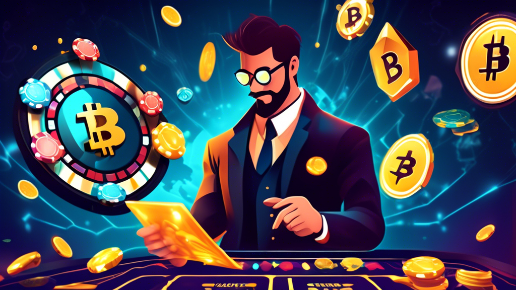 Create an image that illustrates the advantages of playing crypto games in online casinos. The image should include a digital casino interface with a focus on enhanced security and privacy represented by blockchain symbols, seamless and fast transactions depicted by cryptocurrency icons moving quickly, and a sense of anonymity shown by a faceless player silhouette enjoying the game. The setting should be modern and inviting, with vibrant colors to convey the exciting and innovative nature of crypto games.