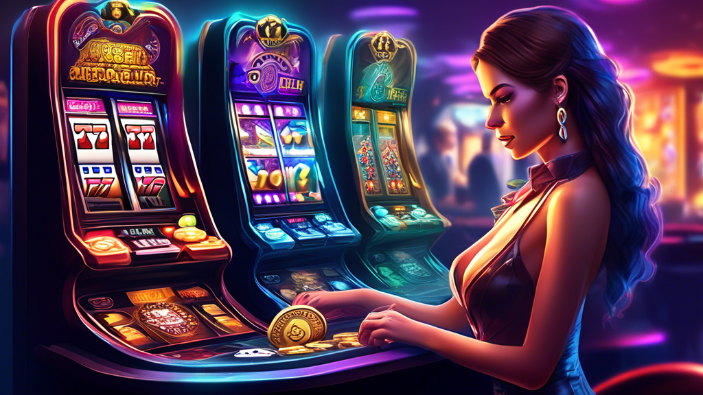 Create an image featuring a vibrant, digital casino setting with players immersed in a variety of games. Highlight a Bitcoin slot machine, a lively table game using cryptocurrencies with digital chips, and an interactive live dealer game with a dealer and players engaging in real-time. Include futuristic, blockchain-inspired design elements to emphasize innovation and decentralization in the gaming experience.