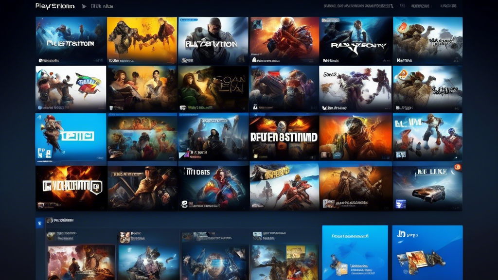 Create an image of the PlayStation 4 Store interface showcasing a diverse collection of content. Highlight a variety of game genres with vibrant, eye-catching thumbnails, alongside sections for DLCs, themes, and avatars. Include banners for bundled deals and special offers. The overall design should look organized and visually appealing, representing the vast array of content available.