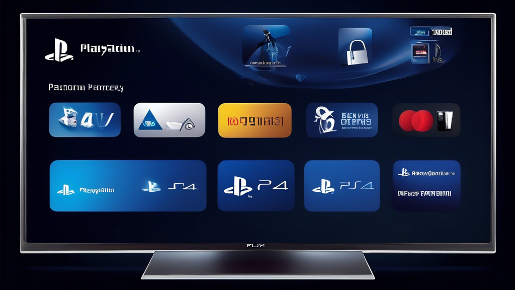 Create an image that portrays the security and payment options of the PlayStation 4 Store. Show a PlayStation 4 interface on a TV screen with icons representing secure transactions, various payment methods like credit cards and digital wallets, and an account settings section for managing and tracking purchases. Include elements that highlight privacy measures, such as a padlock icon or a privacy shield symbol.