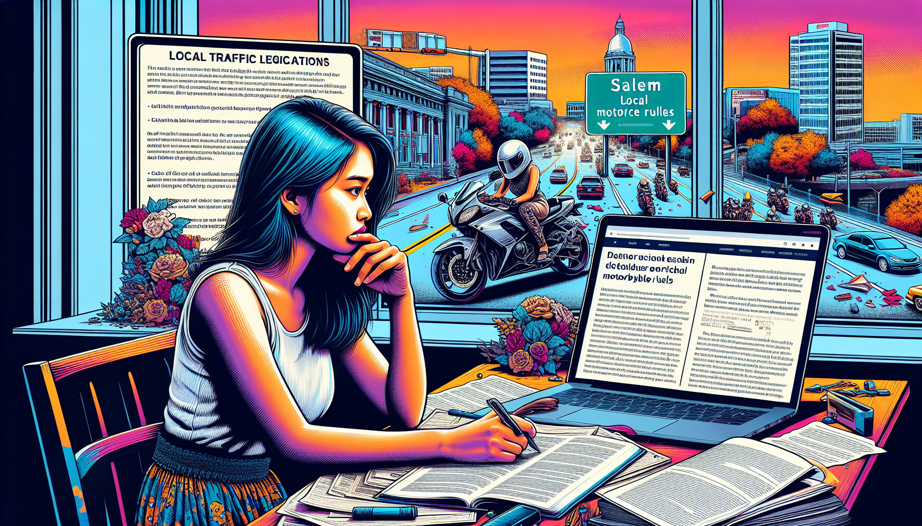 An image depicting a thoughtful client sitting at a desk filled with legal documents and a laptop opened to a page about Salem traffic laws. In the background, there