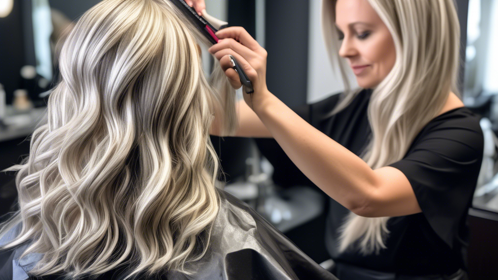 Create an image of a modern hair salon where a skilled hairstylist is in the process of applying blonde foils to a client