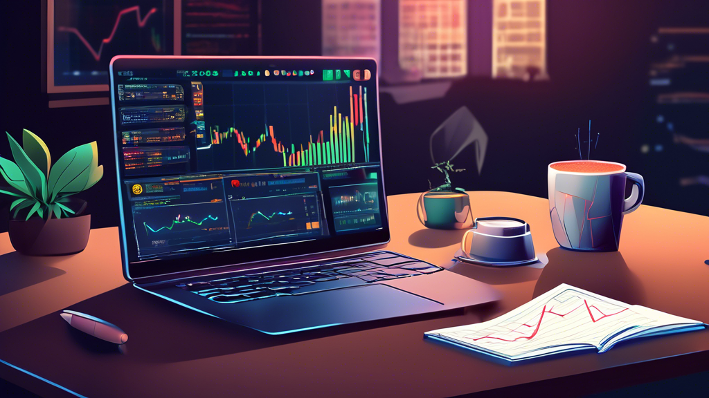 Create an illustration depicting a beginner-oriented workspace for crypto futures trading. The scene features a computer screen displaying a popular trading platform, complete with graphs and charts indicative of crypto futures. Include visual elements like a notebook with notes on trading strategies (e.g., long vs. short positions and stop-loss orders) and a cup of coffee to represent focus and learning. The overall atmosphere should be inviting and educational, emphasizing an approachable introduction to crypto futures trading. Let the background reflect a modern, tech-savvy environment, possibly with books on cryptocurrency and trading readily visible.