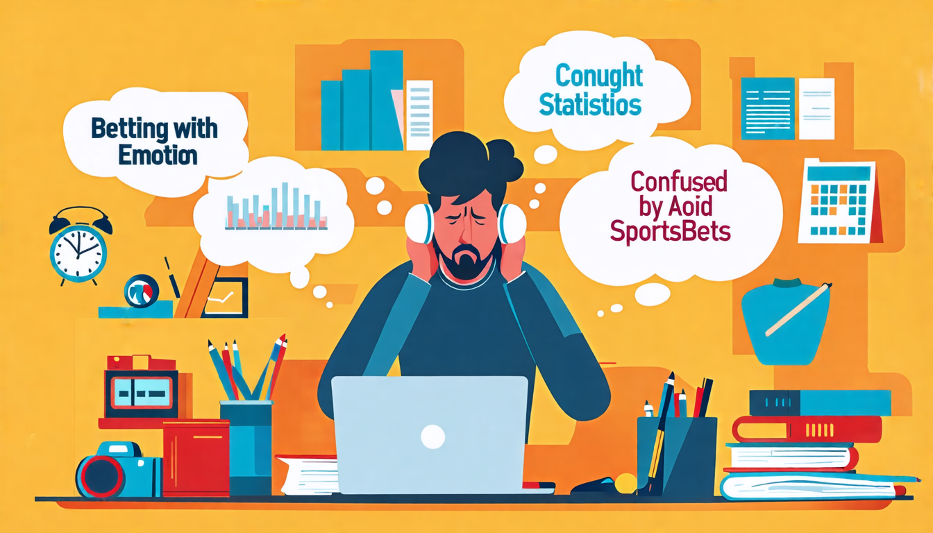 Create an image that visually represents the concept of Common Mistakes to Avoid in SportsBets. Illustrate a person sitting at a cluttered desk surrounded by sports-themed memorabilia, looking frustrated while reviewing betting lines and statistics on their laptop. Include thought bubbles showcasing common mistakes like Betting with Emotion, Confused by Odds, and Neglecting Research. Use a muted color palette to convey a sense of confusion and overwhelm, while emphasizing the importance of careful decision-making in sports betting.