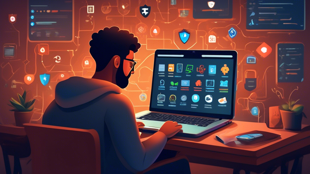 Illustrate an individual using a laptop in a cozy, dimly-lit room, surrounded by icons of various security features like padlocks, shields, and privacy symbols. The laptop screen displays an unblocked web browser with incognito mode activated. The user appears calm and focused, emphasizing safe and private browsing practices. Keywords: unblocked web browser online, online security, anonymous browsing.