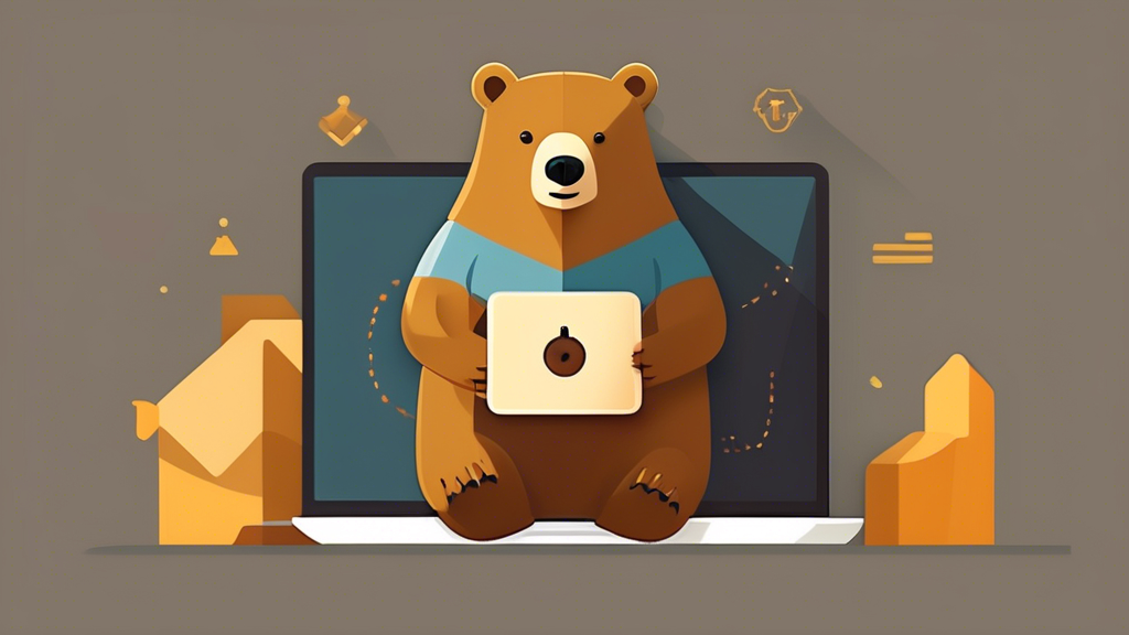 Create an image that illustrates the advantages of using TunnelBear VPN, focusing on enhanced security and privacy features. Show elements like a bear using a laptop with a shield icon on the screen, suggesting data protection. Add visual cues that indicate the VPN