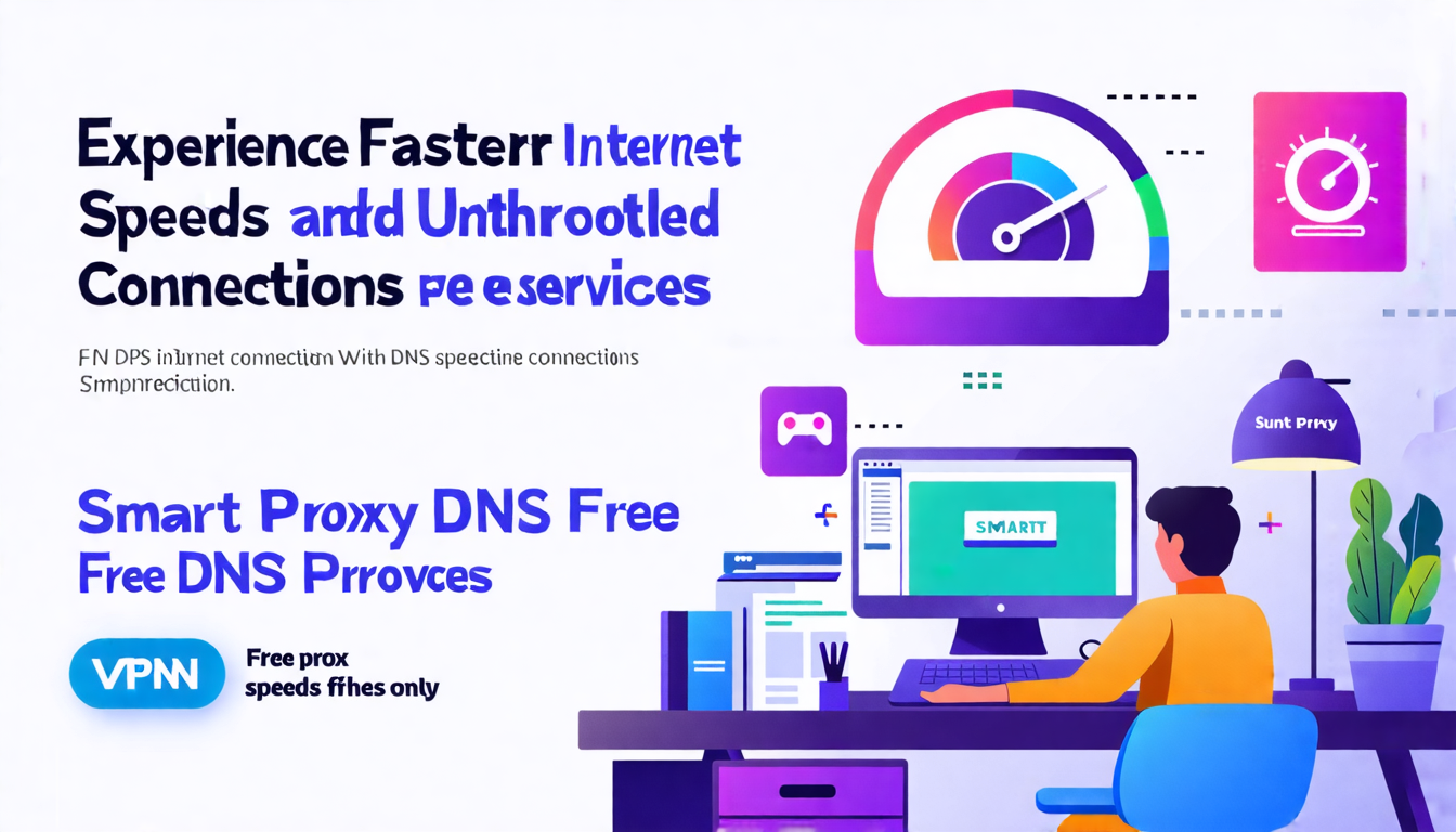 Create an image that illustrates **“Experience Faster Internet Speeds and Unthrottled Connections with Smart DNS Proxy Free Services”**. The scene should show:
- A person at a desk with a computer, visibly enjoying a fast internet connection.
- Overlay speedometer graphics indicating high internet speeds.
- A comparison visual showing VPN with a buffering icon next to Smart DNS Proxy Free with a progress bar filled quickly.
- Elements such as streaming, gaming, and browsing icons to signify activities improved by faster internet speeds.

Keywords to include: smart dns proxy free, speed, unthrottled connection, fast internet, low latency.