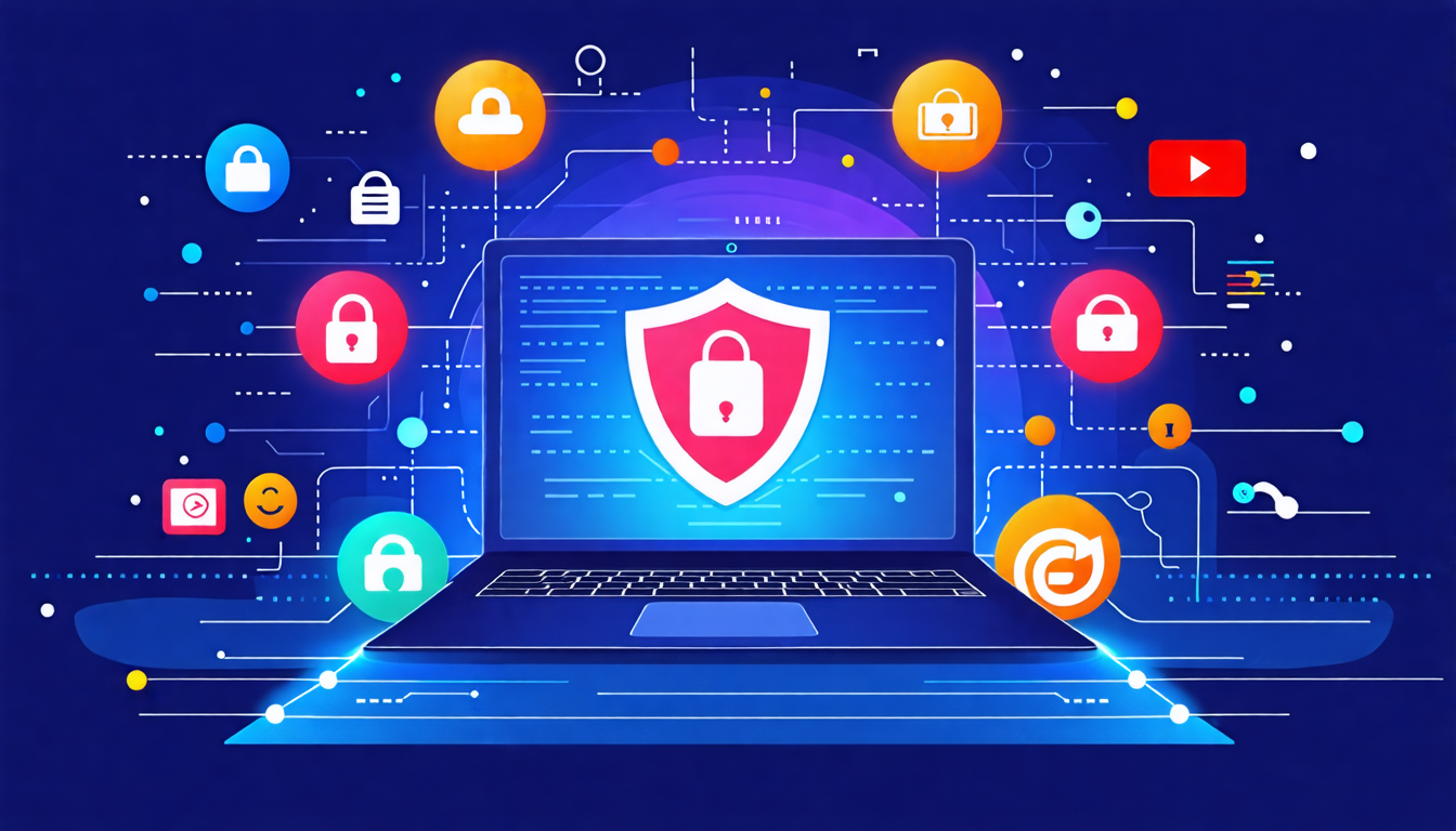 Create an illustrative image that showcases a person using a laptop with a glowing shield symbol highlighted over the screen. The background should feature various popular website logos and streaming service icons around the laptop, symbolizing unlimited access. Include a subtle design of interconnected lines representing a network to emphasize security and anonymity. Key elements should reflect the balance of performance, security, and privacy provided by a smart DNS proxy free service.