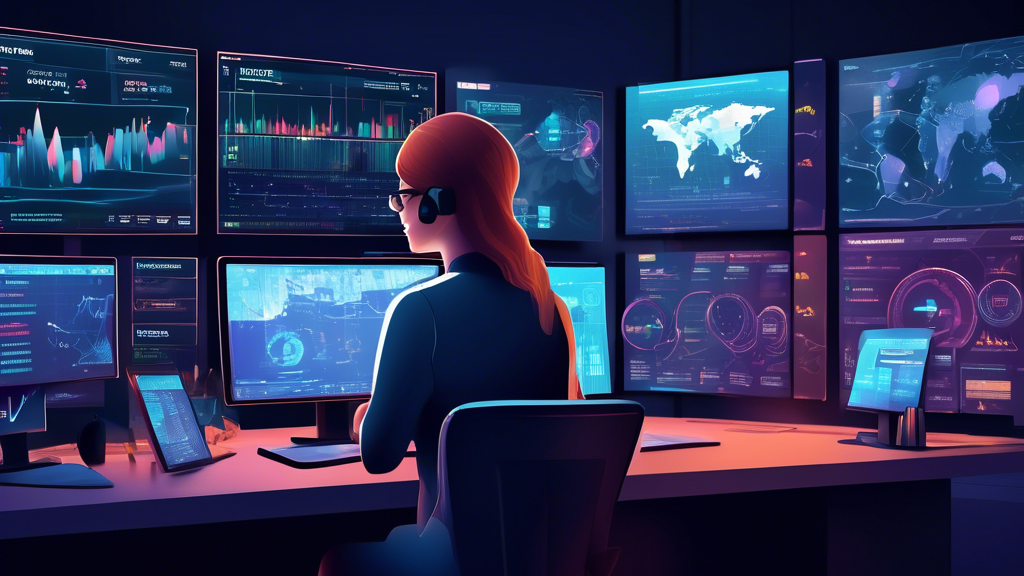 An illustrated scene in a digital command center with multiple screens displaying charts and graphs, showing a trader successfully implementing strategies for managing risks and adjusting position sizes. The trader, a focused middle-aged woman, is intently observing the data with Discord open on one side, displaying forex signals. Around her, virtual pop-ups show real-time testimonials and success stories from satisfied users, advocating the benefits of Discord forex signals in boosting trading profits.