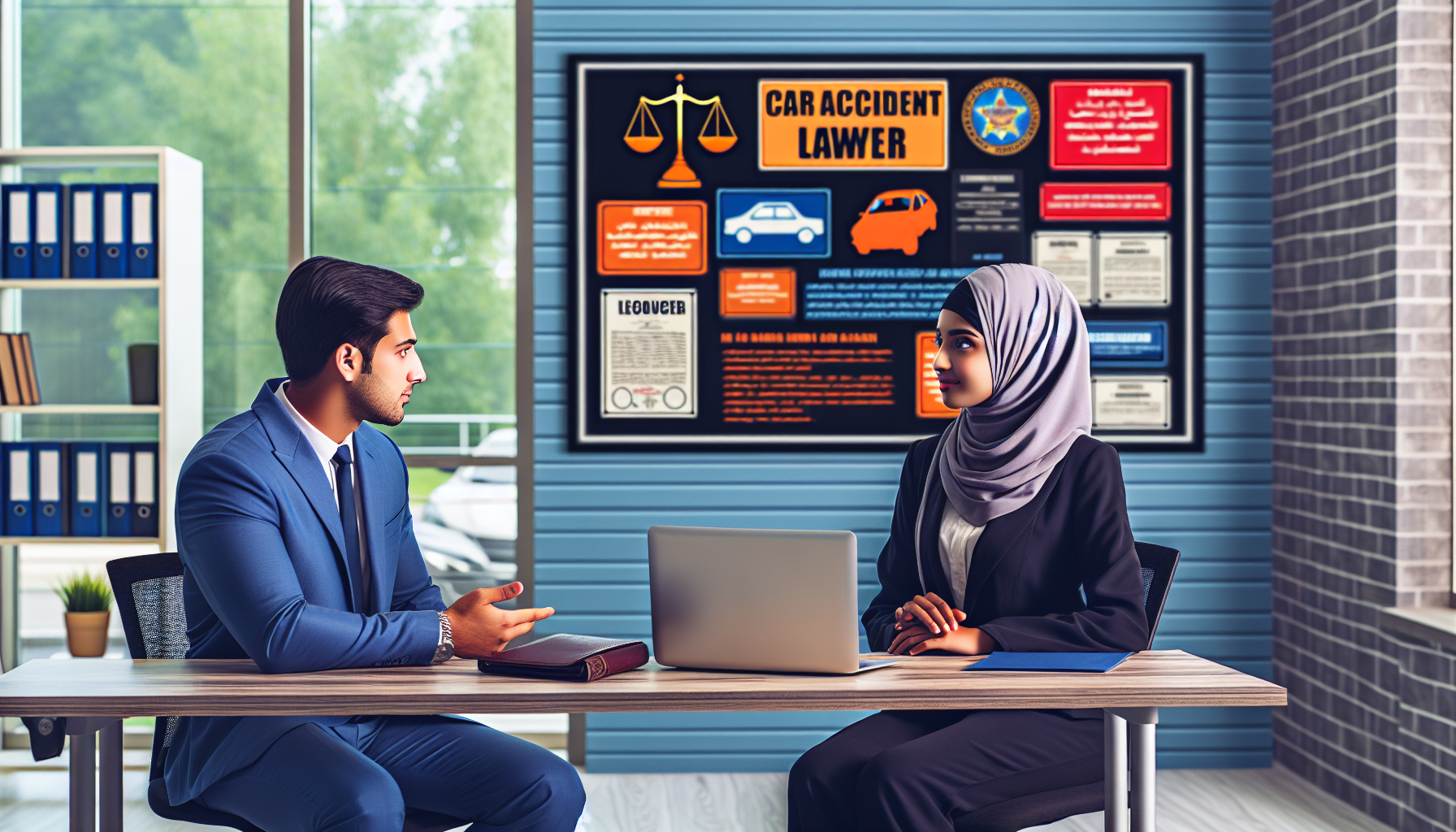 Visual representation of a professional meeting between a potential client and an experienced car accident lawyer in an office setting, emphasizing the lawyer