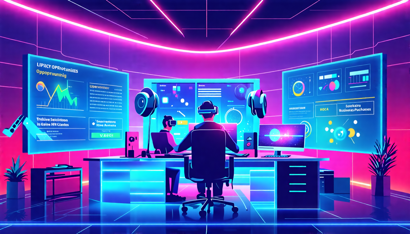 Create an image that showcases three key lucrative opportunities in the VR gaming business. The scene features a futuristic office setting with glowing holographic displays. On one screen, a VR game developer is working on a new, exciting game. On another, a tech engineer is showcasing the latest VR headset and controllers, and on the third screen, there’s a breakdown of innovative business models including subscription services, in-game purchases, and VR arcades. The environment represents cutting-edge technology and the dynamic nature of the VR gaming industry. Bright colors, sleek design, and a sense of innovation dominate the scene.