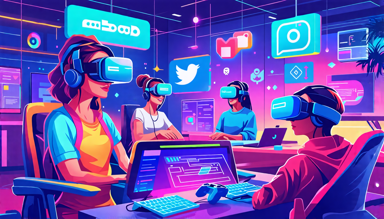 Create a DALL-E prompt for an image that reflects the strategies for success in the VR gaming business.

---

Prompt: A dynamic and futuristic scene showcasing successful strategies in the VR gaming business. The image features a vibrant digital marketing team coordinating a campaign with social media icons like Facebook, Twitter, and Instagram in the background. Influencers wearing VR headsets are demonstrating gameplay, embodying the power of influencer partnerships. A collaborative workspace highlights partnerships with tech companies and game developers, with advanced VR equipment and coding screens visible. An innovative educational institution is integrating VR technology in a classroom setting, symbolizing academic collaborations. The overall atmosphere is forward-thinking and innovative, capturing the essence of staying ahead of technological advancements and consumer preferences.