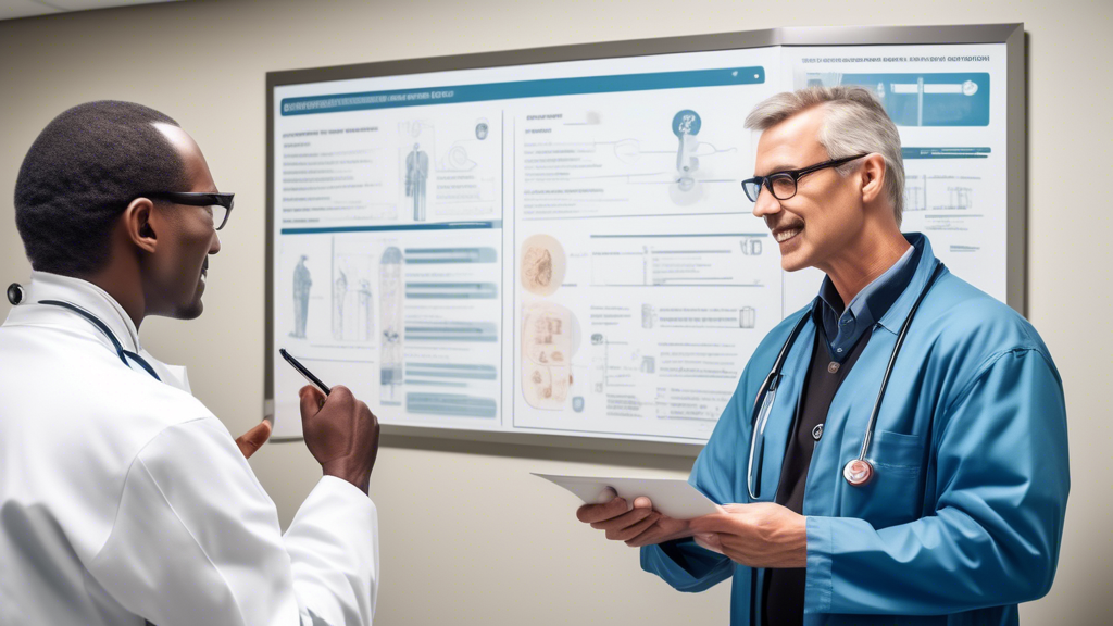 Create an image that features a commercial truck driver consulting with a professional doctor in a modern medical clinic setting. The doctor, visibly certified with credentials displayed on the wall, is pointing to a chart explaining the DOT (Department of Transportation) physical requirements. Emphasize a sense of trust and professionalism between the doctor and the driver. Integrate visual elements that indicate the doctor’s extensive experience and specialization in DOT physical exams, such as medical tools designed for vision and hearing tests. Highlight accessibility with directional signs and convenient scheduling information visible within the clinic environment. The entire scene should convey a reassuring and informative atmosphere, helping to illustrate key factors in choosing the best DOT physical doctors.