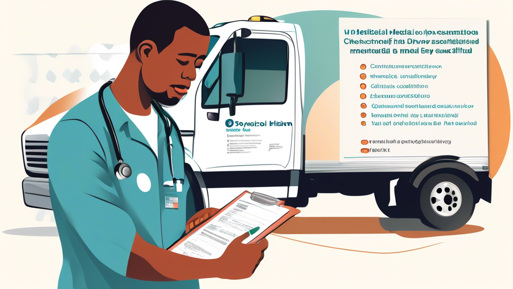 An illustrated guide with a commercial driver preparing for a DOT physical examination. The image includes checklists with essential documentation like medical history and identifications, an overview of the different tests and evaluations, illustrations of common health conditions being monitored, and a visual of the driver receiving their medical certificate post-examination. The setting is in a medical clinic with friendly and professional DOT physical doctors.