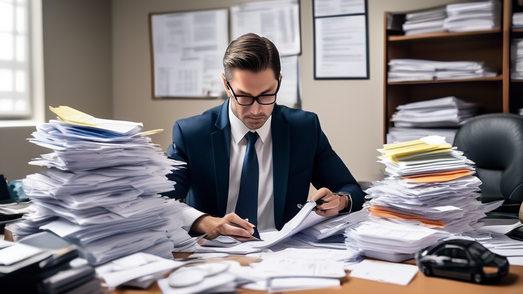 Prompt for DALL-E: A detailed scene of a professional lawyer meticulously sorting through various types of evidence for a car accident claim in their organized office. The desk is filled with important documents, photographs of the accident scene, medical reports, and witness statements. The lawyer is seen using a highlighter on a document while files labeled 
