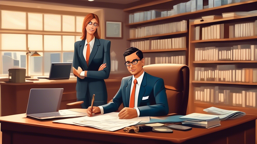 Create a DALL-E prompt for an image that relates to outline point #3:

Illustrate a scene of a confident lawyer in a formal setting, negotiating with an insurance company representative across a table. Both parties should have documents and laptops open. Background elements could include shelves filled with law books and diagrams or charts related to car accident claims. Subtly indicate factors influencing settlement amounts, such as framed illustrations of car accidents and injury recovery costs.