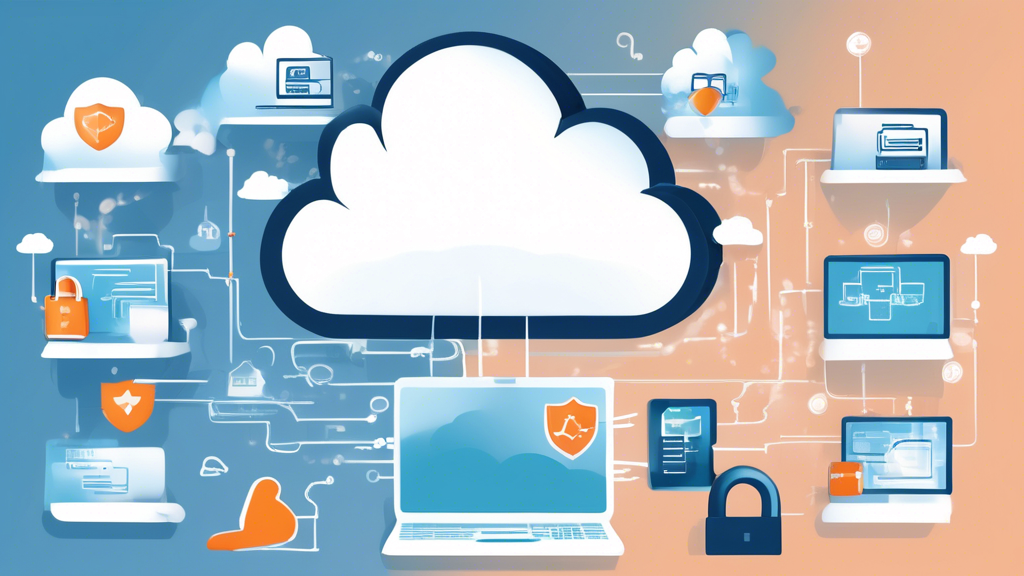 Create an image that illustrates the security advantages and compliance benefits of a hybrid cloud. The scene should show a modern office setting where IT professionals are actively working on computers and servers. Highlight security icons like shields, padlocks, and compliance checkmarks around cloud elements. Show a blend of on-premises servers and cloud storage to depict the hybrid nature. In the background, include subtle elements that represent different industries benefiting from security and compliance, such as finance, healthcare, and retail.