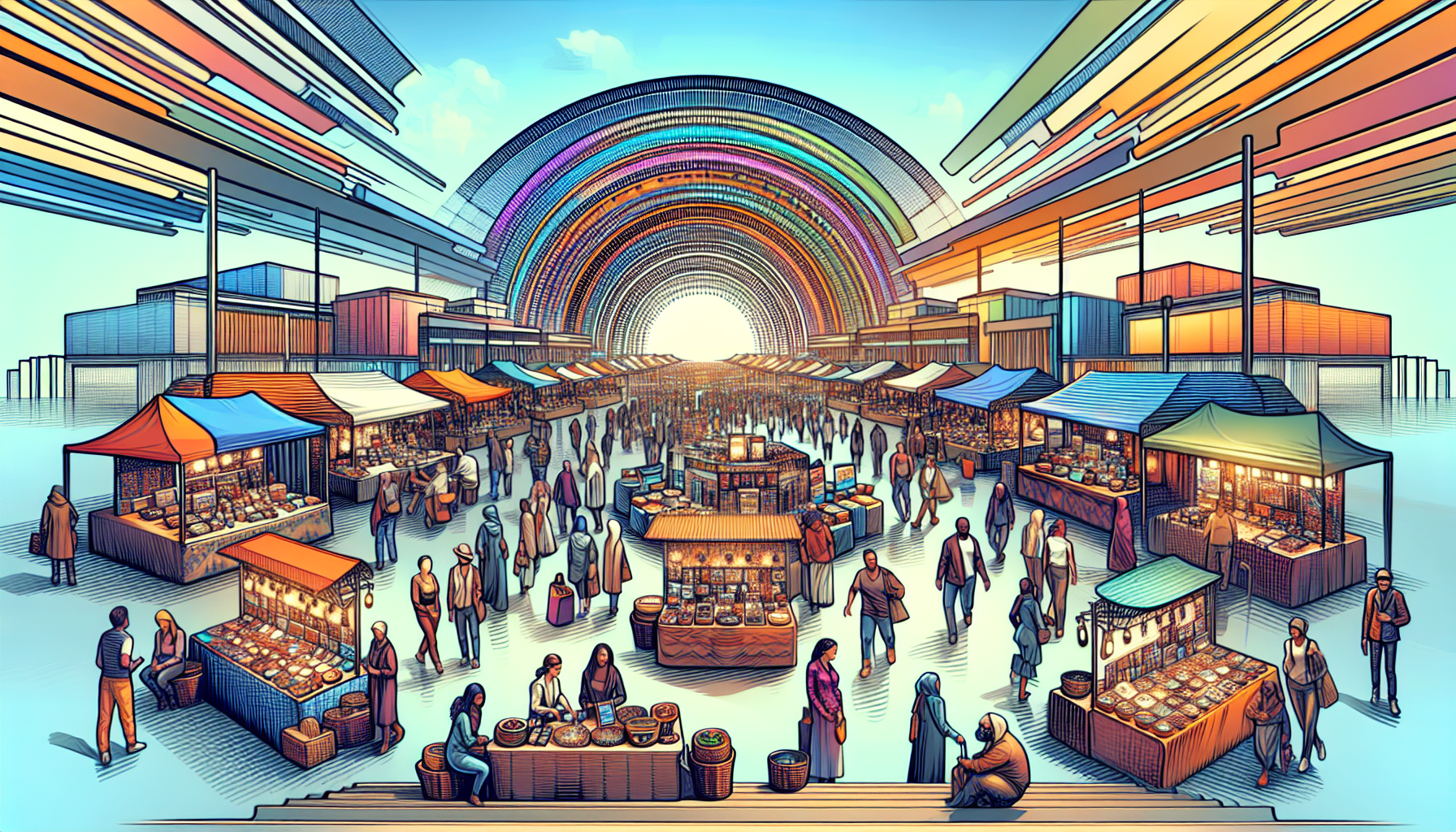 Digital illustration of a bustling virtual marketplace filled with diverse stalls showcasing handcrafted and digital items, with vendors from various cultural backgrounds interacting with customers, set in a colorful, futuristic urban setting.