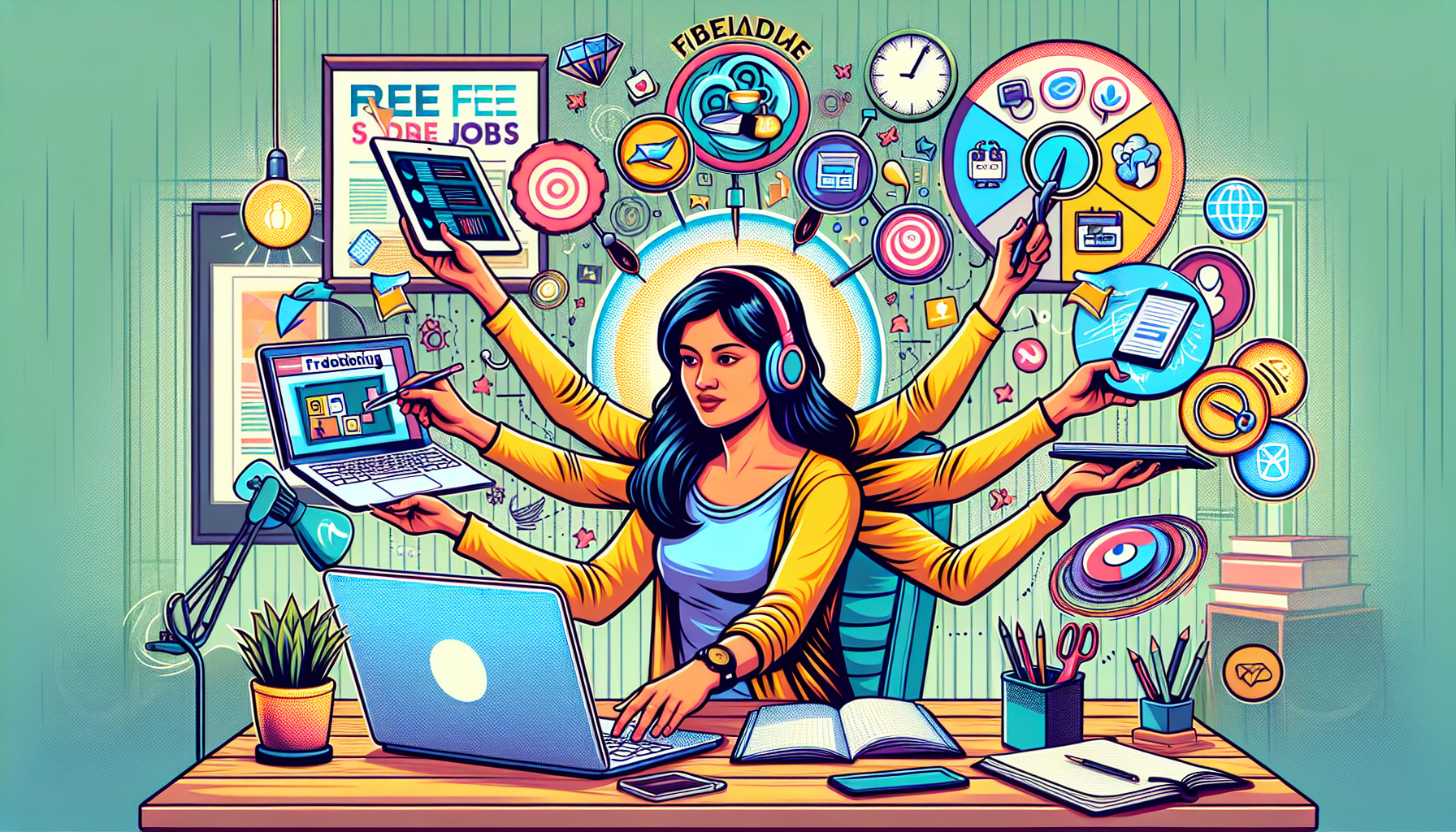 Create an image of a busy individual sitting in a modern, cozy home office setting. The person is multitasking between a computer and a notebook, surrounded by visual elements that represent different free side hustles, such as a freelance gig icon, online tutoring symbol, and digital marketing graphics. Include objects that symbolize productivity and time management, like a clock, calendar, and organizational tools, to highlight the tips for balancing a side hustle with a main job. The mood should be energetic and optimistic, capturing the essence of successfully managing multiple responsibilities. Keywords: free side hustles, time management, productivity.