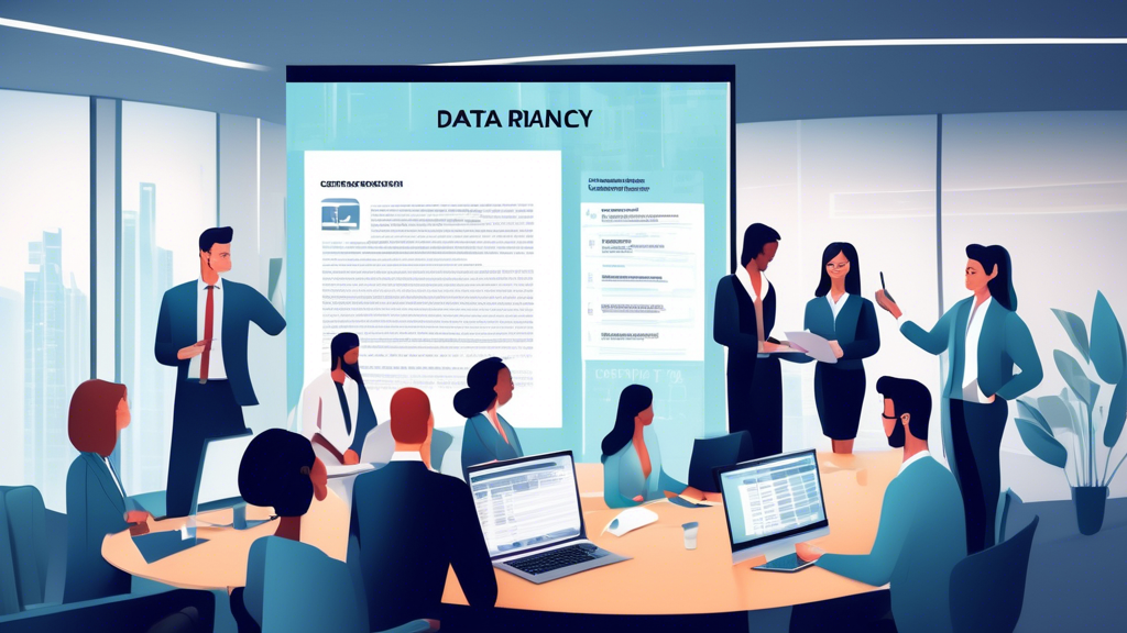 Create an image depicting a business team in a modern office setting, gathered around a large screen displaying a comprehensive privacy policy document. The text on the screen should highlight key elements like 