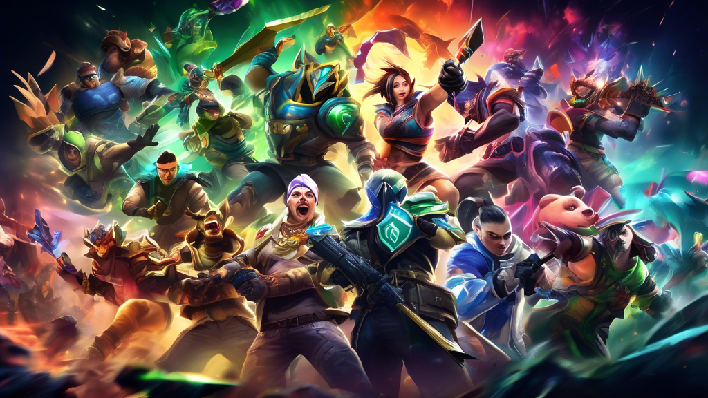 Create an image showing a dynamic and vibrant collage featuring scenes from popular esports games such as League of Legends, Dota 2, and CS: GO. The background should depict an immersive gaming arena with spectators and bright lights. Each game should be represented with key characters or iconic moments from the game. Overlay the Unibet logo subtly in the collage, ensuring it harmonizes with the competitive gaming theme without overshadowing the individual game elements. The image should evoke exciting, high-energy moments that capture the essence of esports on the Unibet platform.