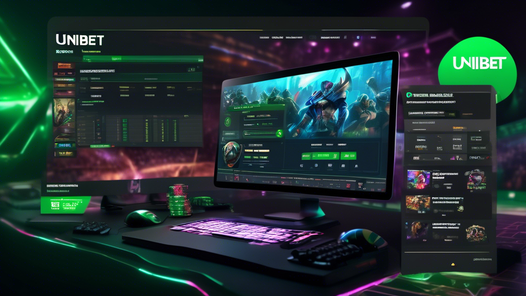 Create an image of a dynamic and colorful esports betting scene featuring a computer or mobile device displaying the Unibet Esports platform. On screen, there are charts, statistics, and odds related to popular games like League of Legends, Dota 2, and CS: GO. Surrounding the screen are visual cues of strategy and success, such as a notebook with betting tips, a graph showing upward trends, and symbols representing risk management (like a shield or safety gear). The background should echo an esports arena atmosphere, complete with vibrant lighting and excited crowds to convey the electrifying environment of esports betting. Text overlays include phrases like Betting Strategies, Tips for Success, and Risk Management to reinforce the image