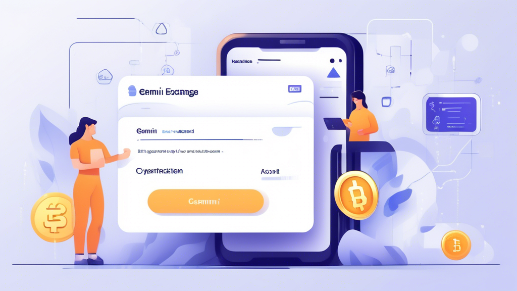 Create an image depicting a user-friendly interface of Gemini Exchange where an individual is going through the registration and verification process. The scene shows clear steps for creating an account, uploading an ID for verification, and setting up security features like two-factor authentication (2FA). The background includes icons and symbols related to cryptocurrency and security. Keywords: Gemini Exchange, account registration, identity verification, 2FA setup.