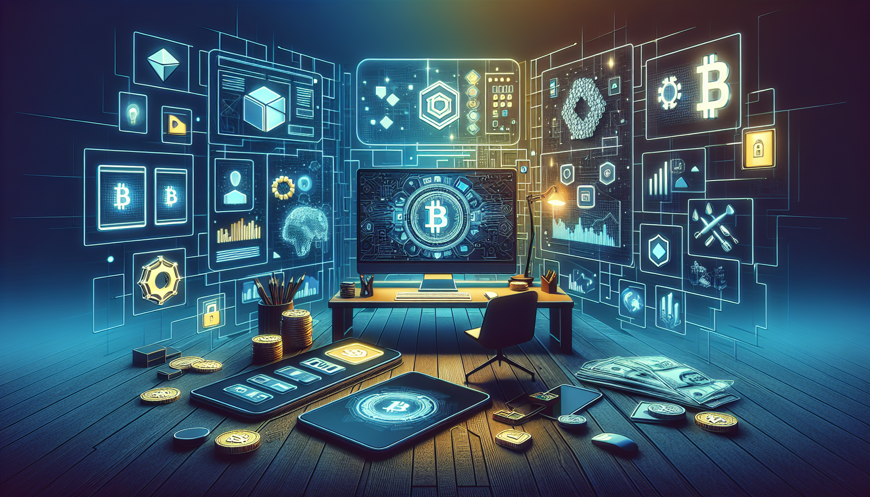 Create an image that showcases the key advantages and unique products of the P2PB2B cryptocurrency exchange. The scene should feature a sleek, modern user interface of the desktop and mobile versions of the platform, highlighting the intuitive design. Include elements representing loyalty programs, user bonuses, and robust security measures like asset insurance. Emphasize the ease of use and safety aspects to convey why P2PB2B stands out among other exchanges. Incorporate the logo and branding of P2PB2B prominently in the design.