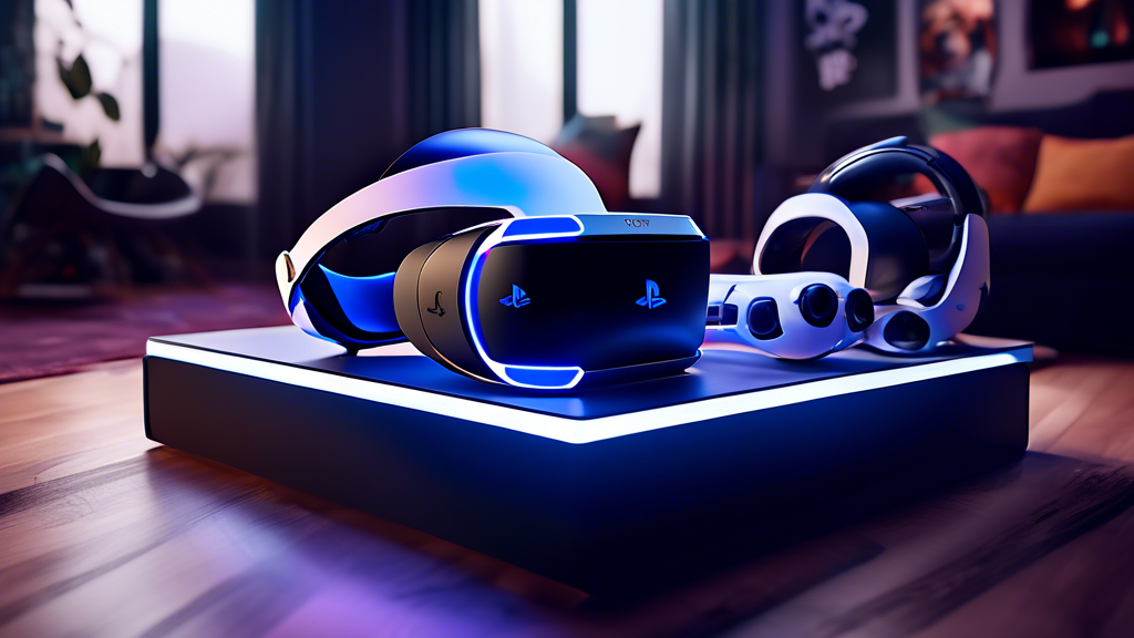 A high-tech gaming setup showcasing a PlayStation 5 connected to a PlayStation VR headset, emphasizing seamless integration. The image should illustrate enhanced graphics and quick load times through holographic effects and dynamic, immersive gameplay scenes surrounding the PS5 and PSVR. Add a few real users in a modern living room deeply engaged, wearing PSVR headsets, and gripping PS5 controllers, with facial expressions of awe and excitement.