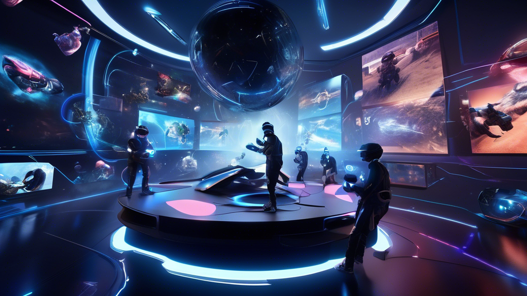 DALL-E Prompt: Create a futuristic and dynamic scene showcasing the future prospects of PS5 and PSVR integration. Depict gamers immersed in virtual reality experiences with cutting-edge technology, including better haptics and higher resolution. Include visuals of upcoming, highly-anticipated game releases designed specifically for PS5 and PSVR. The background should feature a high-tech, modern setting that reflects the impact on the gaming industry and highlights emerging virtual reality trends.