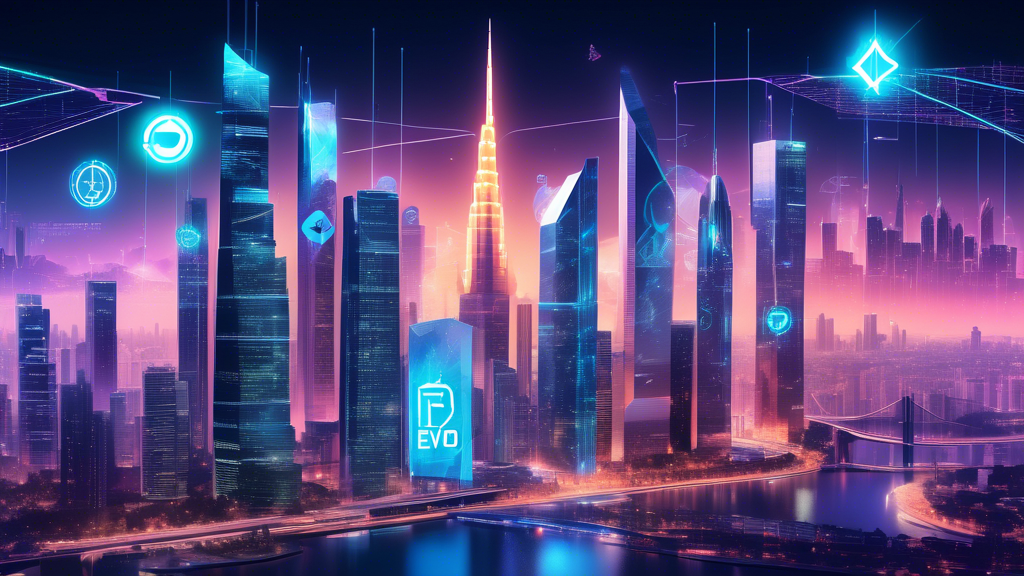 A futuristic cityscape with towering skyscrapers made of digital currencies, holographic charts showing bullish trends, and people engaging in financial activities using advanced digital interfaces. Highlight a prominent Evo Finance logo integrated into various elements like virtual billboards and futuristic ATMs. The vibe should reflect a sense of innovation and influence, showcasing how Evo Finance is shaping the future of cryptocurrencies. Use a color palette that combines sleek metallics with vivid neon lights to convey a cutting-edge, transformative atmosphere.