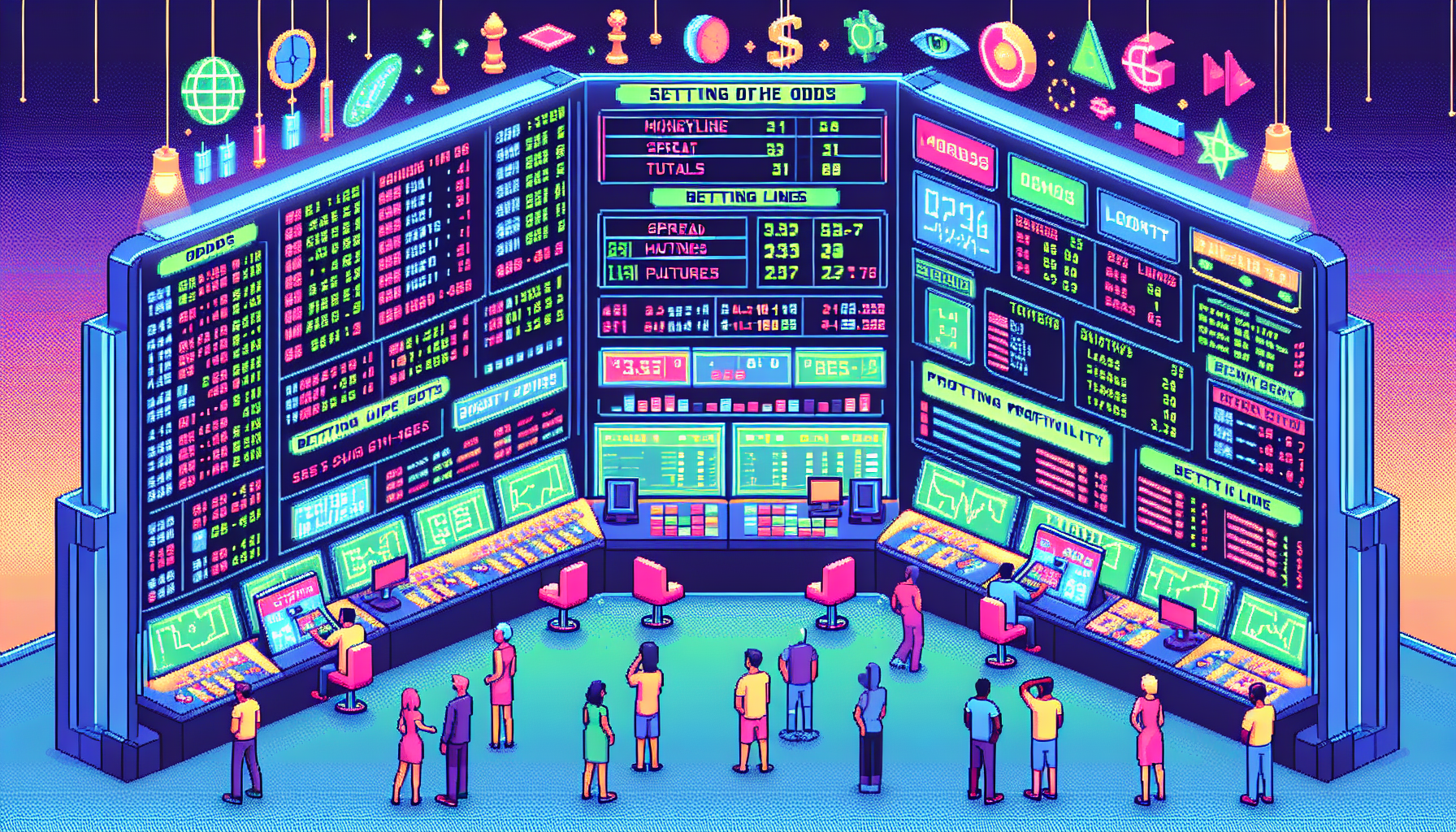 Create a detailed illustration of a modern sportsbook, focusing on its key components. Highlight various aspects such as the setting of odds, different types of betting lines like moneyline, spread, and totals, and a variety of bets offered including parlays, futures, and prop bets. The image should depict how the sportsbook balances betting action using charts or graphs to ensure profitability. Make sure to include visual elements that signify 