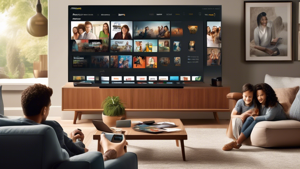 A detailed illustration showcasing the convenience and additional features of Amazon Video Prime:
1. A modern living room with a family enjoying Amazon Video Prime on a large smart TV.
2. Various devices (laptop, tablet, smartphone) nearby, all displaying the Amazon Video Prime interface.
3. A person downloading a movie on a tablet showing the Offline Download feature.
4. Individualized user profiles on the TV screen with a banner for Personalized Suggestions.
5. The X-Ray feature highlighted, with movie trivia and actor information popping up on the screen.

Keyword: Amazon Video Prime, convenience, features, multiplatform, offline downloads, personalized suggestions, X-Ray.