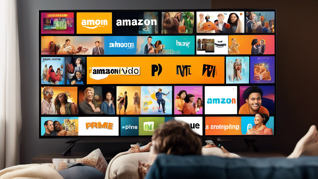 A digital illustration showcasing the integration of Amazon Video Prime with various other Amazon Prime services. The image features a vibrant collage that includes a person watching a movie on Amazon Video Prime on their smart TV, surrounded by icons representing other Prime benefits such as free shipping, Prime Music, and special discounts. The person has a happy and relaxed expression, emphasizing the cost-efficiency and additional perks of the Prime membership. A banner at the bottom highlights Preis-Leistungs-Verhältnis und zusätzliche Prime-Vorteile in bold, attractive fonts. The overall color scheme reflects Amazon
