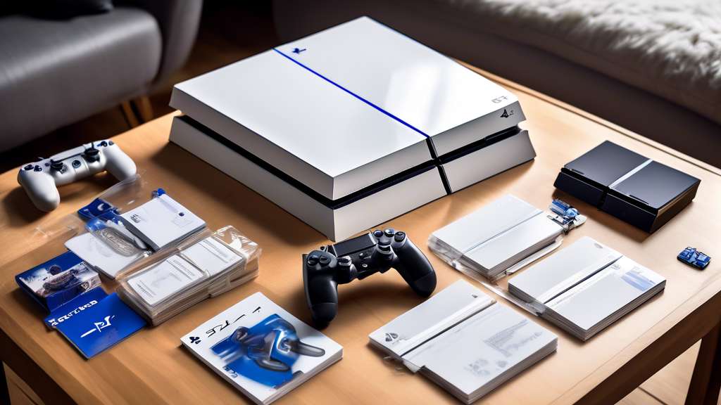 Prompt: A high-resolution, detailed image of unboxing a white PS4. The scene includes the PS4 console, controllers, and all its components laid out neatly on a stylish wooden table. The background features modern décor that complements the sleek design of the white PS4. Text overlay highlights the hardware specifications, unique features exclusive to the white PS4, and comparisons to other PS4 models. The atmosphere should evoke excitement and anticipation, capturing the joy of unveiling this elegant gaming system.